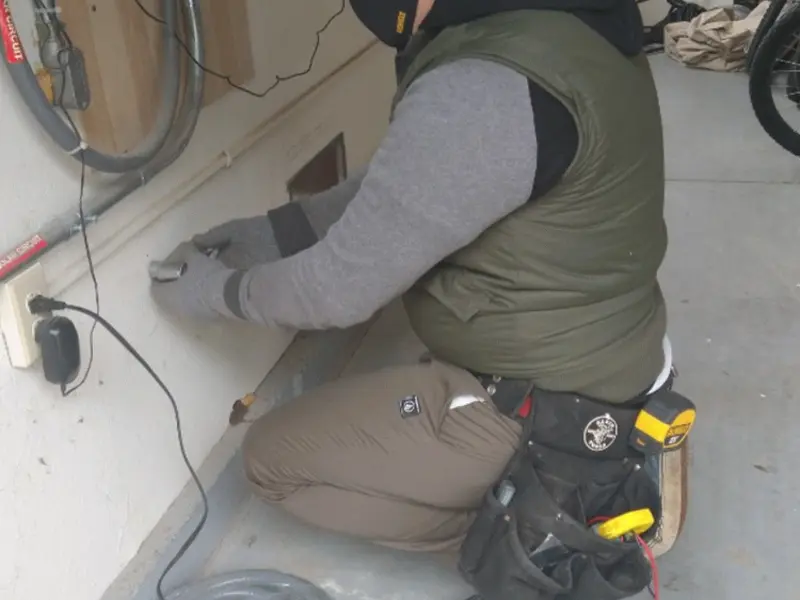 Electrician performing outlet wiring in a Gun Plain garage